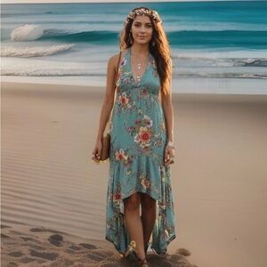 Lovestitch Hi-Low Dress Spring Flowers Aqua Blue/Green Women Size Small 4/6
